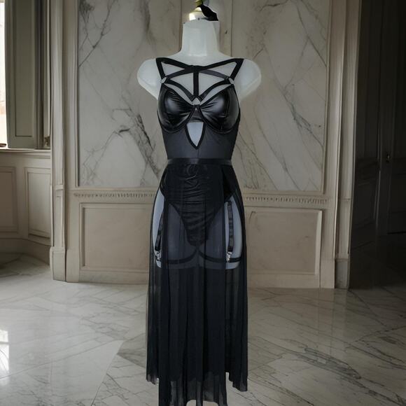 New Large Strappy Goth Vegan Leather Dress Outfit Bodysuit Mesh Skirt Set Sexy - Picture 3 of 9